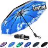 imageG4Free Eco Windproof Travel Umbrella for Rain ampamp Sun Strongest Fiberglass Frame Double Canopy with Reflective Strip Auto Open Close Folding Umbrella For Car Backpack PurseBlackBlue Sky