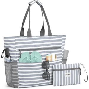imageG4Free Beach Bag Waterproof Sandproof Beach Tote Bag Large Capacity Foldable for WomenGrey Stripe