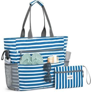 imageG4Free Beach Bag Waterproof Sandproof Beach Tote Bag Large Capacity Foldable for WomenNavy Stripe
