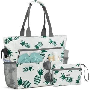 imageG4Free Beach Bag Waterproof Sandproof Beach Tote Bag Large Capacity Foldable for WomenPineapple
