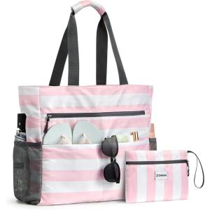 imageG4Free Beach Bag Waterproof Sandproof Beach Tote Bag Large Capacity Foldable for WomenPink White
