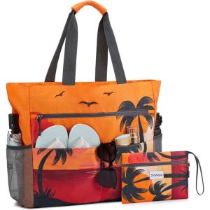 imageG4Free Beach Bag Waterproof Sandproof Beach Tote Bag Large Capacity Foldable for WomenSunset Print
