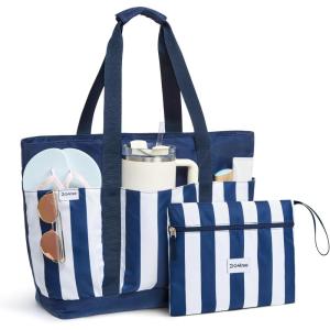 imageG4Free Beach BagWaterproof Beach Tote Pool Bags for WomenCompatible with Stanley CupFoldablefor Weekender TravelBlue and White Stripes