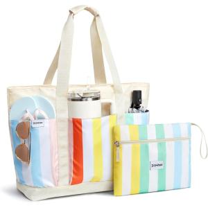 imageG4Free Beach BagWaterproof Beach Tote Pool Bags for WomenCompatible with Stanley CupFoldablefor Weekender TravelRainbow Stripes