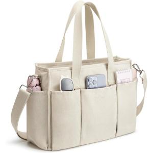 imageG4Free Canvas Tote Bag with Pockets Medium Size Crossbody Work Tote Bag for Women Zipper ClosureBeige