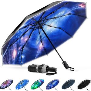 imageG4Free Eco Windproof Travel Umbrella for Rain ampamp Sun Strongest Fiberglass Frame Double Canopy with Reflective Strip Auto Open Close Folding Umbrella For Car Backpack PurseBlackInterstellar