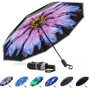 imageG4Free Eco Windproof Travel Umbrella for Rain ampamp Sun Strongest Fiberglass Frame Double Canopy with Reflective Strip Auto Open Close Folding Umbrella For Car Backpack PurseBlackPurple Daisy