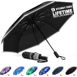 imageG4Free Eco Windproof Travel Umbrella for Rain ampamp Sun Strongest Fiberglass Frame Double Canopy with Reflective Strip Auto Open Close Folding Umbrella For Car Backpack PurseBlack