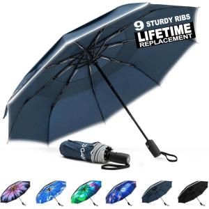 imageG4Free Eco Windproof Travel Umbrella for Rain ampamp Sun Strongest Fiberglass Frame Double Canopy with Reflective Strip Auto Open Close Folding Umbrella For Car Backpack PurseNavy Blue