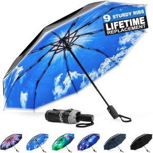 imageG4Free Eco Windproof Travel Umbrella for Rain ampamp Sun Strongest Fiberglass Frame Double Canopy with Reflective Strip Auto Open Close Folding Umbrella For Car Backpack PurseBlackBlue Sky
