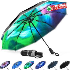 imageG4Free Eco Windproof Travel Umbrella for Rain ampamp Sun Strongest Fiberglass Frame Double Canopy with Reflective Strip Auto Open Close Folding Umbrella For Car Backpack PurseBlackAurora