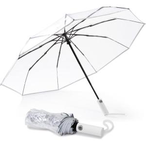 imageG4Free 42 Inch Clear Travel Umbrella Windproof Automatic Open and Close Transparent Foldable Compact Umbrella for Rain Wedding and Large Rain Use Clear Canopy for Women Menclear