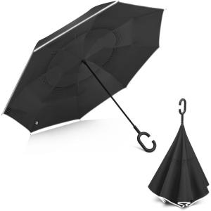 imageG4Free 4862 Inch Large Inverted Reverse Umbrella with CShaped Handle Windproof Double Layer Upside Down Car Rain Umbrellas for Men WomenBlack with Reflective Stripe