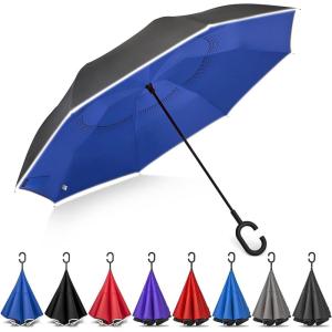 imageG4Free 4862 Inch Large Inverted Reverse Umbrella with CShaped Handle Windproof Double Layer Upside Down Car Rain Umbrellas for Men WomenRoyal Blue with Reflective Stripe