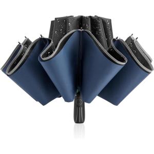 imageG4Free 54 Inch Large Double Layer Inverted Umbrella 12 Ribs Compact Windproof Automatic Folding Reverse Umbrella with Reflective StripBlackDark Blue