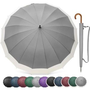 imageG4Free 54 Inch Large Windproof Umbrella for 2 Persons 16 Ribs Auto Open Classic Wooden J Handle Cane Stick Golf Rain Umbrellas for Men Women Travel 120cmIvoryGrey