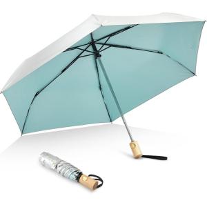 imageG4Free UPF 50 UV Protection Travel Umbrella with Wooden Handle 42 Inch Lightweight Sun Rain Folding Umbrellas Auto Open Close Lake BlueLake Blue