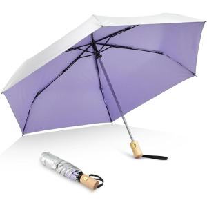 imageG4Free UPF 50 UV Protection Travel Umbrella with Wooden Handle 42 Inch Lightweight Sun Rain Folding Umbrellas Auto Open Close Lake BlueLight Purple