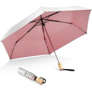 imageG4Free UPF 50 UV Protection Travel Umbrella with Wooden Handle 42 Inch Lightweight Sun Rain Folding Umbrellas Auto Open Close Lake BluePink