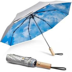 imageG4Free Windproof Travel Umbrella with Large Wooden Handle UV Sun Protection ampamp Rain Umbrella Automatic Open And Close Compact 46quot Large Canopy with UPF 50 Lightweight Portable for Walking ampamp OutdoorSilverSky
