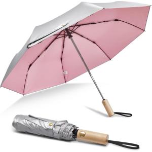 imageG4Free Windproof Travel Umbrella with Large Wooden Handle UV Sun Protection ampamp Rain Umbrella Automatic Open And Close Compact 46quot Large Canopy with UPF 50 Lightweight Portable for Walking ampamp OutdoorSilverPink