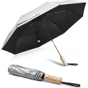imageG4Free Windproof Travel Umbrella with Large Wooden Handle UV Sun Protection ampamp Rain Umbrella Automatic Open And Close Compact 46quot Large Canopy with UPF 50 Lightweight Portable for Walking ampamp OutdoorSilverBlack