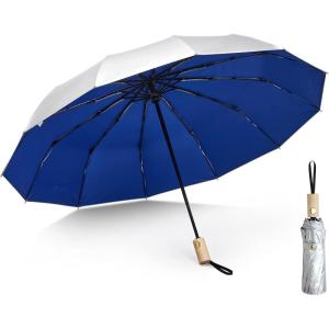 imageG4Free 46 Inch UPF 50 UV Protection Large Travel Umbrella with Wooden Handle 12 Fibreglass Ribs Super Windproof Sun Blocking Folding Umbrella Auto Open CloseBlue