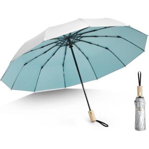 imageG4Free 46 Inch UPF 50 UV Protection Large Travel Umbrella with Wooden Handle 12 Fibreglass Ribs Super Windproof Sun Blocking Folding Umbrella Auto Open CloseLake Blue