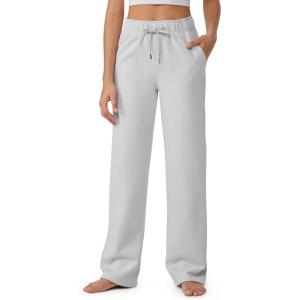 imageG4Free Fleece Lined Pants Women Wide Leg Sweatpants with Pockets Drawstring Lounge Athletic Track Fall WinterGlacier Gray