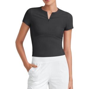imageG4Free Half Zip Workout Shirts Women Slim Fitted Work Out Tops Gym Athletic Ribbed Tight Tshirts Summer CasualBlack
