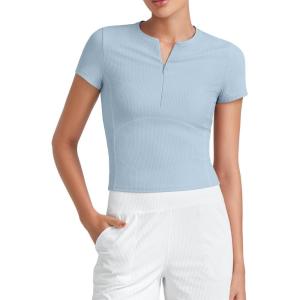 imageG4Free Half Zip Workout Shirts Women Slim Fitted Work Out Tops Gym Athletic Ribbed Tight Tshirts Summer CasualBlue Willow