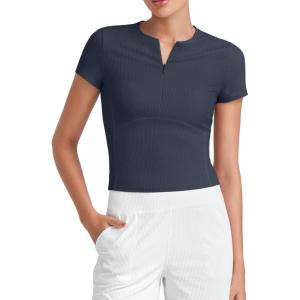 imageG4Free Half Zip Workout Shirts Women Slim Fitted Work Out Tops Gym Athletic Ribbed Tight Tshirts Summer CasualDrak Navy