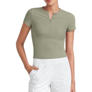 imageG4Free Half Zip Workout Shirts Women Slim Fitted Work Out Tops Gym Athletic Ribbed Tight Tshirts Summer CasualGray Olive