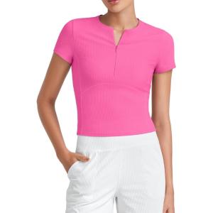 imageG4Free Half Zip Workout Shirts Women Slim Fitted Work Out Tops Gym Athletic Ribbed Tight Tshirts Summer CasualHot Pink