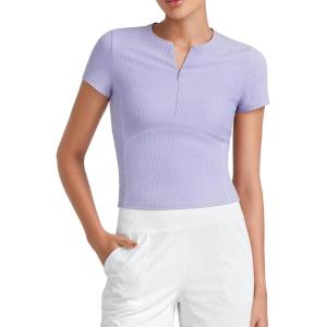 imageG4Free Half Zip Workout Shirts Women Slim Fitted Work Out Tops Gym Athletic Ribbed Tight Tshirts Summer CasualLavender