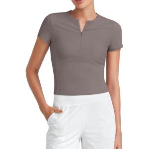 imageG4Free Half Zip Workout Shirts Women Slim Fitted Work Out Tops Gym Athletic Ribbed Tight Tshirts Summer CasualTaupe