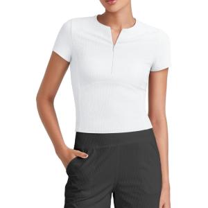 imageG4Free Half Zip Workout Shirts Women Slim Fitted Work Out Tops Gym Athletic Ribbed Tight Tshirts Summer CasualWhite