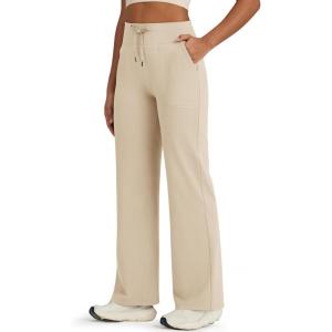 imageG4Free Wide Leg Sweatpants Women Drawstring Waist Fleece Lined Yoga Pants with Pockets for WinterKhaki