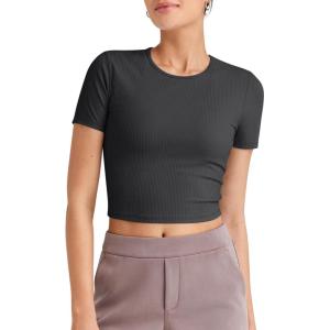 imageG4Free Workout Shirts Women Slim Fit Athletic Gym Work Out Tops Crop Short Sleeve Basic Yoga Tshirts Casual SummerBlack