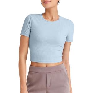 imageG4Free Workout Shirts Women Slim Fit Athletic Gym Work Out Tops Crop Short Sleeve Basic Yoga Tshirts Casual SummerBlue Willow