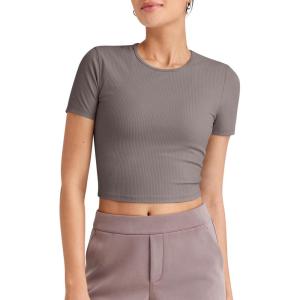 imageG4Free Workout Shirts Women Slim Fit Athletic Gym Work Out Tops Crop Short Sleeve Basic Yoga Tshirts Casual SummerTaupe