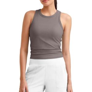 imageG4Free Workout Tank Tops for Women Slim Fitted Racerback Ribbed Athletic Gym Yoga Tanks Summer CasualTaupe