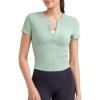 imageG4Free BareFeel Womens Workout Tops Short Sleeve Half Zip Slim Fit Athletic Shirts Gym Running Yoga Slight Crop TshirtsBean Green