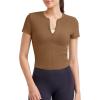 imageG4Free BareFeel Womens Workout Tops Short Sleeve Half Zip Slim Fit Athletic Shirts Gym Running Yoga Slight Crop TshirtsDark Coffee