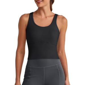 imageG4Free BareFeel Built in Bra Workout Tank Tops Removable Padded Longline Sports Bras Waist Length Athletic TanksBlack