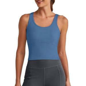 imageG4Free BareFeel Built in Bra Workout Tank Tops Removable Padded Longline Sports Bras Waist Length Athletic TanksBlue Gray