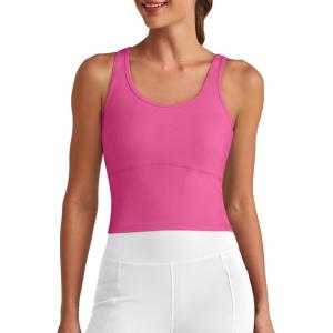 imageG4Free BareFeel Built in Bra Workout Tank Tops Removable Padded Longline Sports Bras Waist Length Athletic TanksHot Pink