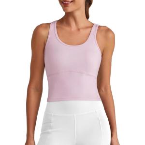 imageG4Free BareFeel Built in Bra Workout Tank Tops Removable Padded Longline Sports Bras Waist Length Athletic TanksPink
