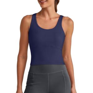 imageG4Free BareFeel Built in Bra Workout Tank Tops Removable Padded Longline Sports Bras Waist Length Athletic TanksRoyal Blue