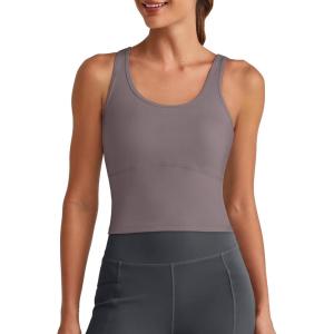 imageG4Free BareFeel Built in Bra Workout Tank Tops Removable Padded Longline Sports Bras Waist Length Athletic TanksTaupe